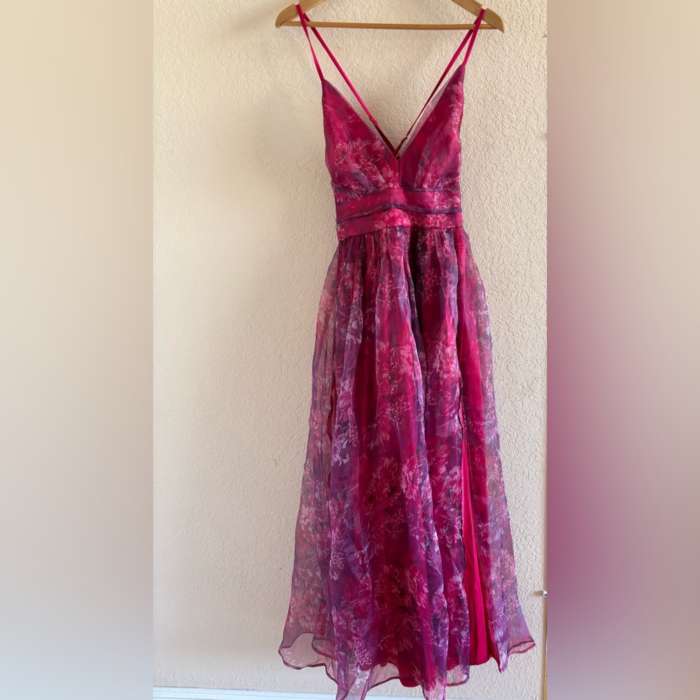 Romance That Wows Magenta Floral Print Organza Maxi Dress